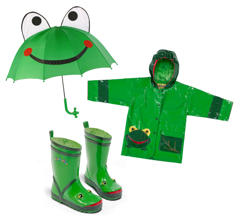 Toddlers Frogs Rain Coats Boots and Umbrellas
